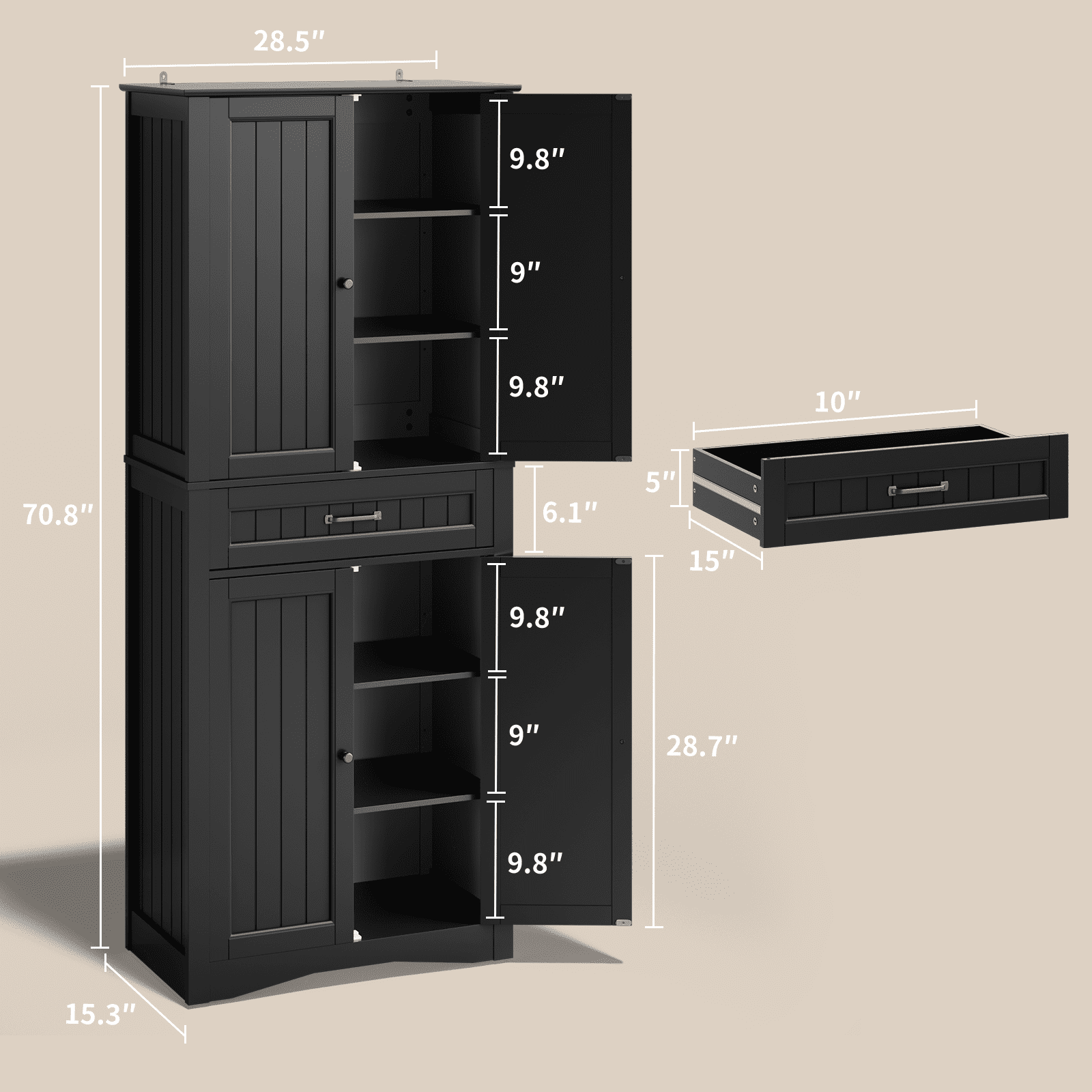 71" Tall Freestanding Storage Cabinet, 4 Doors, Adjustable Shelves and Large Drawer, Multi-Purpose Cabinet for Home Black