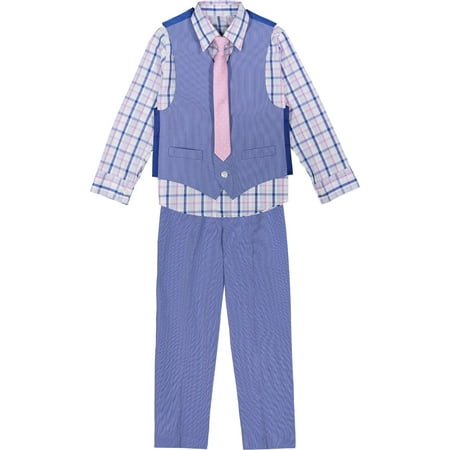 Van Heusen Boys' 4-Piece Formal Suit Vest Set, Blue Bikini/Purple Dot ...