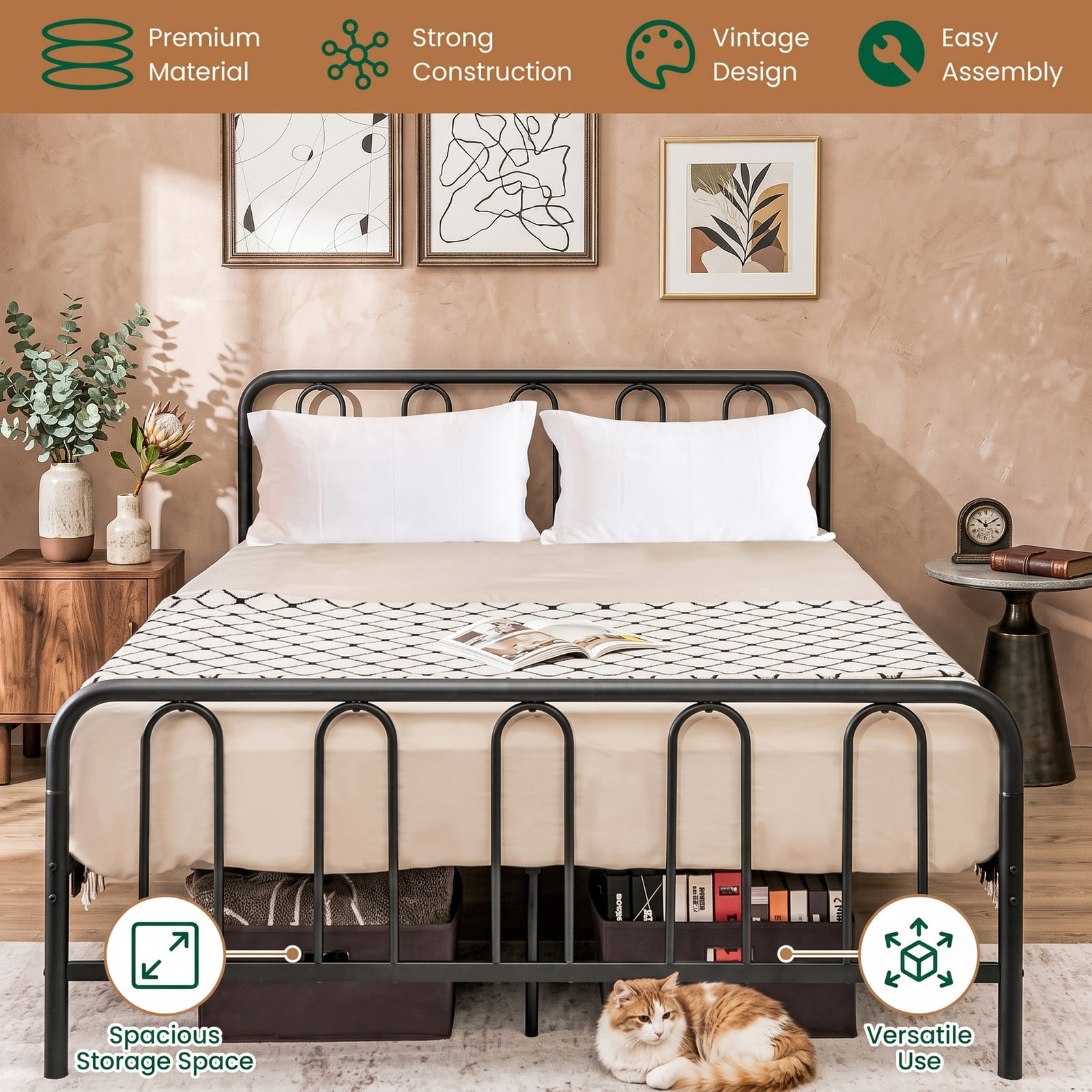 Furnibear Queen Bed Frame with Headboard, Metal Platform Bed Frame with Arched Headboard, Footboard and Under Bed Storage, Black