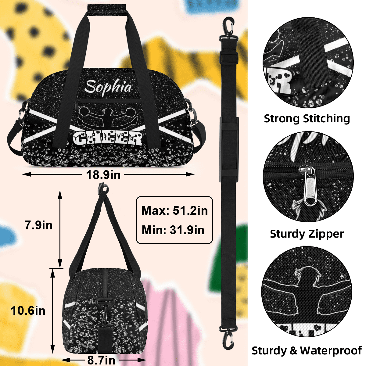 Jiaoprinted Personalized Cheerleader Bag Dance Bag, Custom Sport Gym Bag with Name, Customized Travel Duffel Bag for Cheer Team, Black Glitter