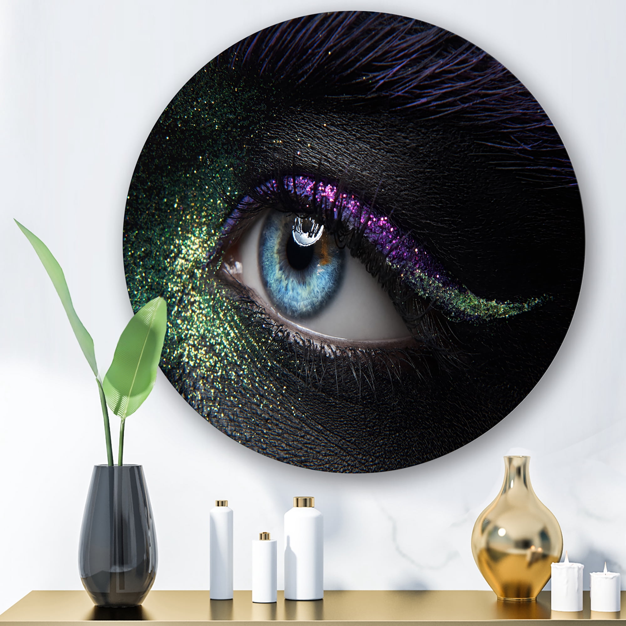 Designart 'Woman Eyes With Green & Purple Pigment & Sparkles' Modern Circle Metal Wall Art 23x23 - Disc of 23