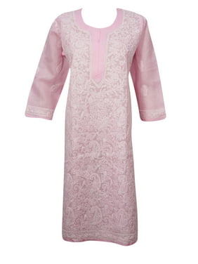 Mogul Women's Beautful Hand Embroidered Cotton Pink TUNIC Long Sleeves Cover Up Caftan Dress S/M