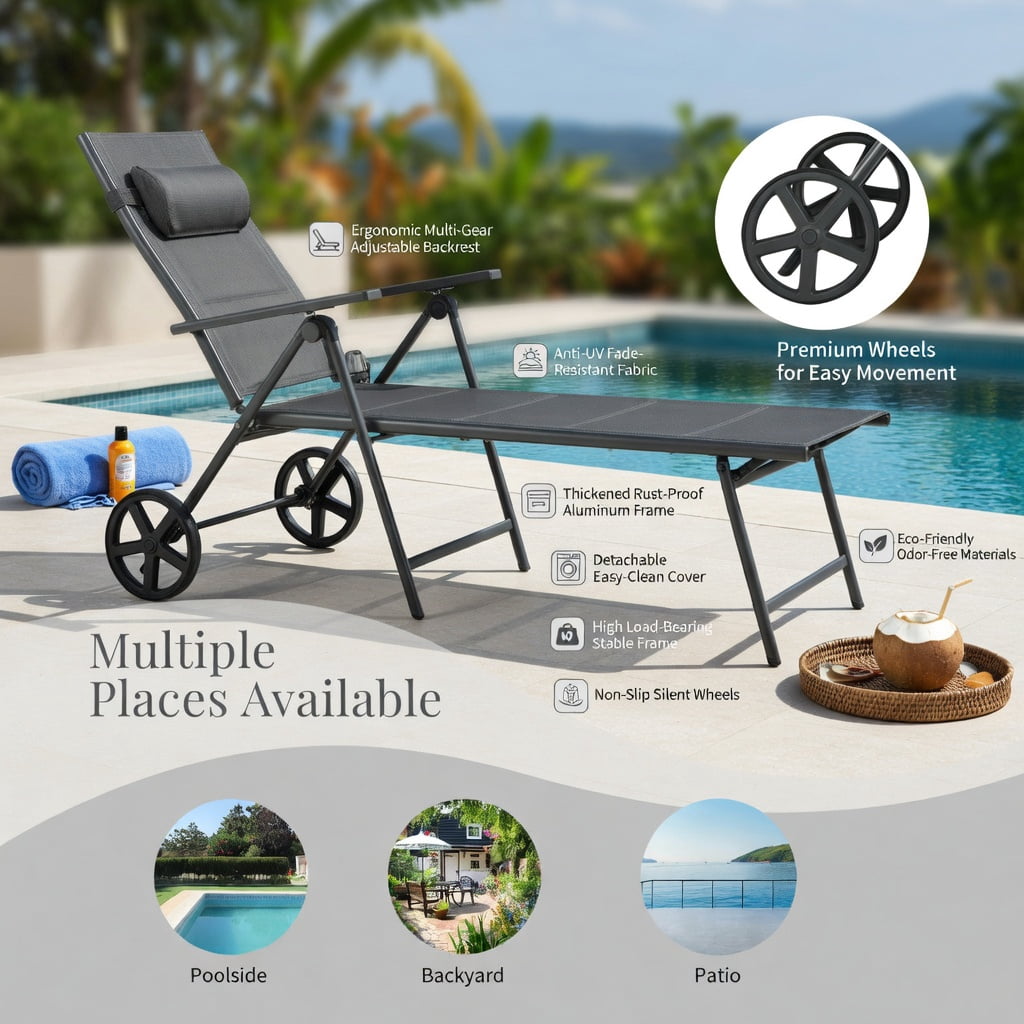 Hommoo Adjustable Aluminum Patio Chaise Lounge Chair with Neck Pillow, 7-Position Reclining, All-Weather Fabric, Rolling Wheels & Foldable Design, Gray