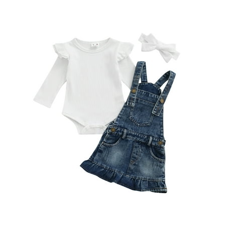 

ZIYIXIN Baby Solid Color Clothes Set Long Sleeve O-neck Ribbed Romper with Ruffles+Short Denim Suspender Skirt
