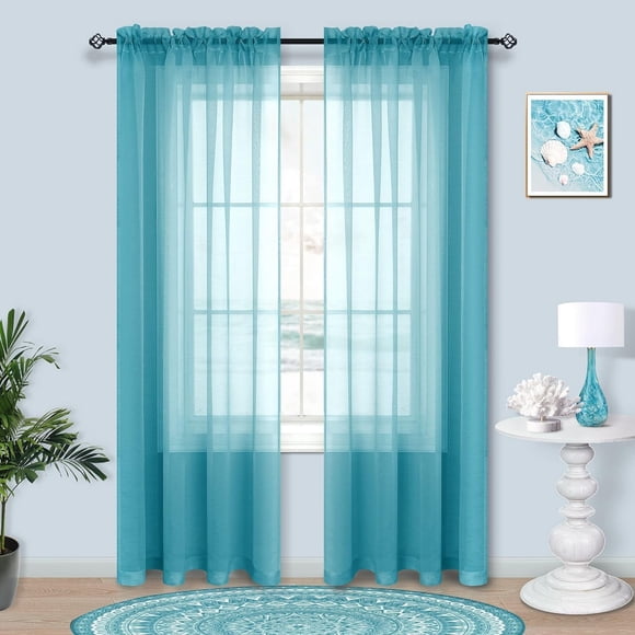Pitalk Teal Curtains 90 Inch Length for Bedroom Set of 2 Panels Rod Pocket Window Semi Voile Drapes Sheer Translucent Curtains for Living Room Dining Room 52x90 Inches Long Teal Blue Green 7.5 FT Tall