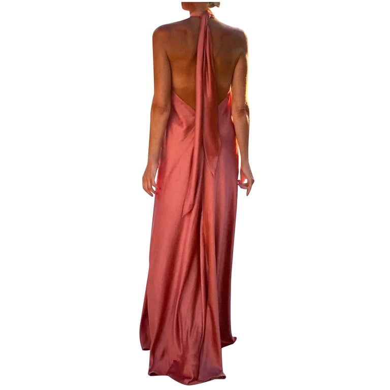 Summer Saving Wycnly Summer Dresses for Women Cocktail Party Prom Sexy off Shoulder Keyhole Loose Satin Long Dresses 2024 Sleeveless Halter Solid Maxi Formal Dress Red l