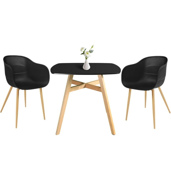 Modern Square MDF Top Dining Table Set for 2, Mid-Century Dining Table and PP Chairs Set for Kitchen, Dining Room, Office, Cafe, Restaurant (Black)