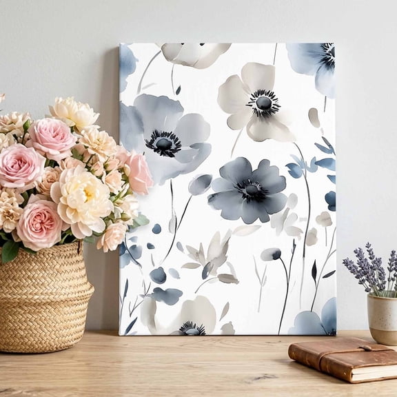Canvas Wall Art Spring Floral Canvas Art Print Watercolor Grey Blue Flower Pictures Wall Decor for Living Room Bedroom Artwork Decorations Stretched Framed Ready to Hang 8"x10"