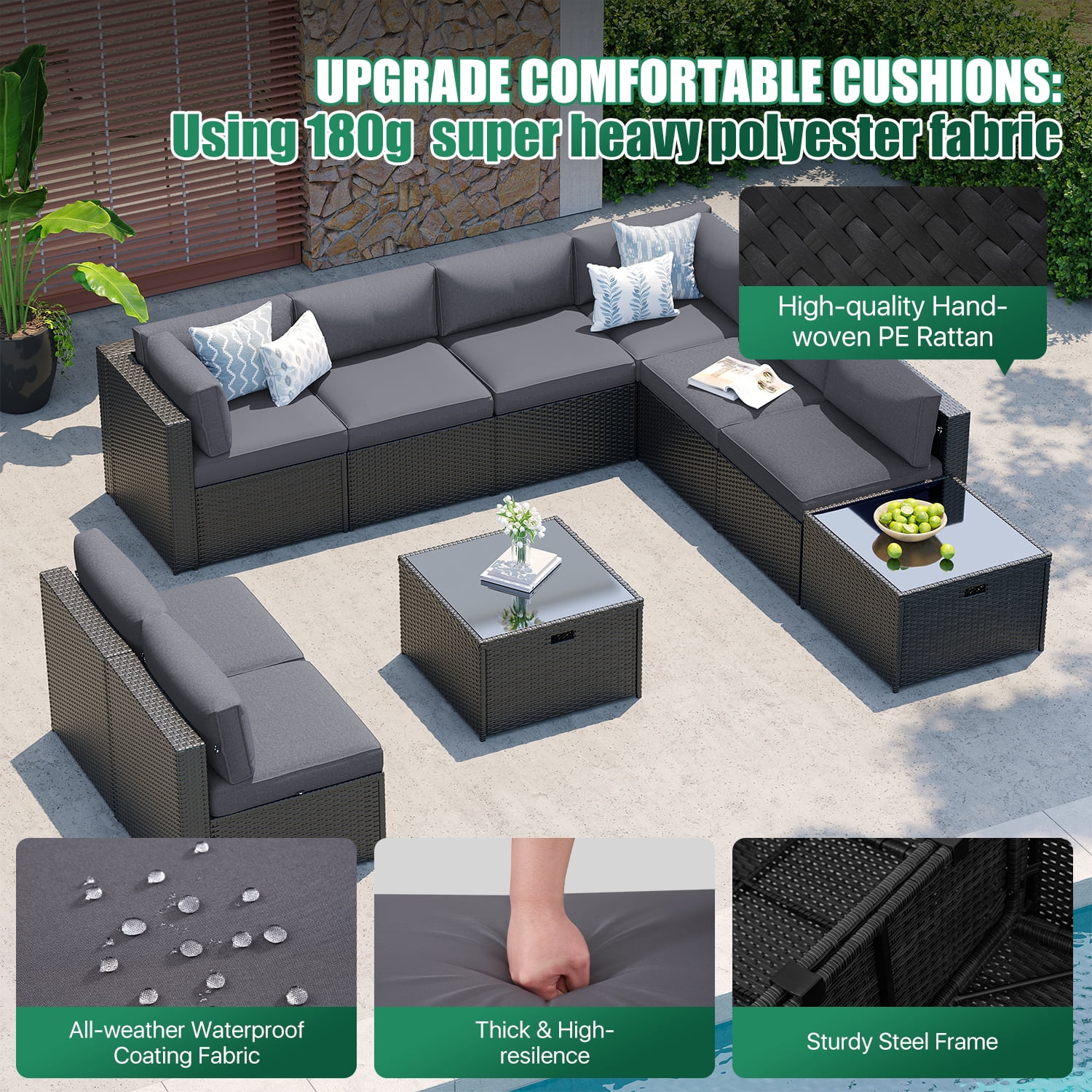Clouddwell 10-Piece Patio Furniture Set On Sale, Black Rattan Wicker Outdoor Sectional Sofa Couch with Table Patio Conversation Set for Lawn& Backyard, Gray