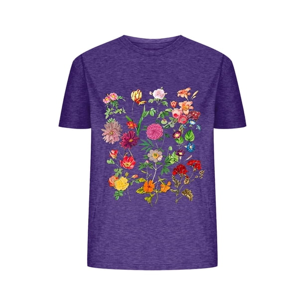 Blusas de Verano de las Mujeres Flor Impresa Cuello Redondo Manga Corta Superior, Verano Superior de las Mujeres