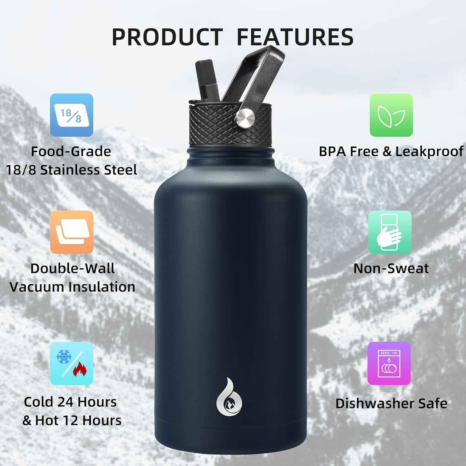 BJPKPK Half Gallon Insulated Water Bottles with Straw Lid,64oz Large Water Bottle,Stainless Steel Water Bottles with 3 Lids and Paracord Handle, Water Bottle for Hot & Cold Liquid, Navy Blue
