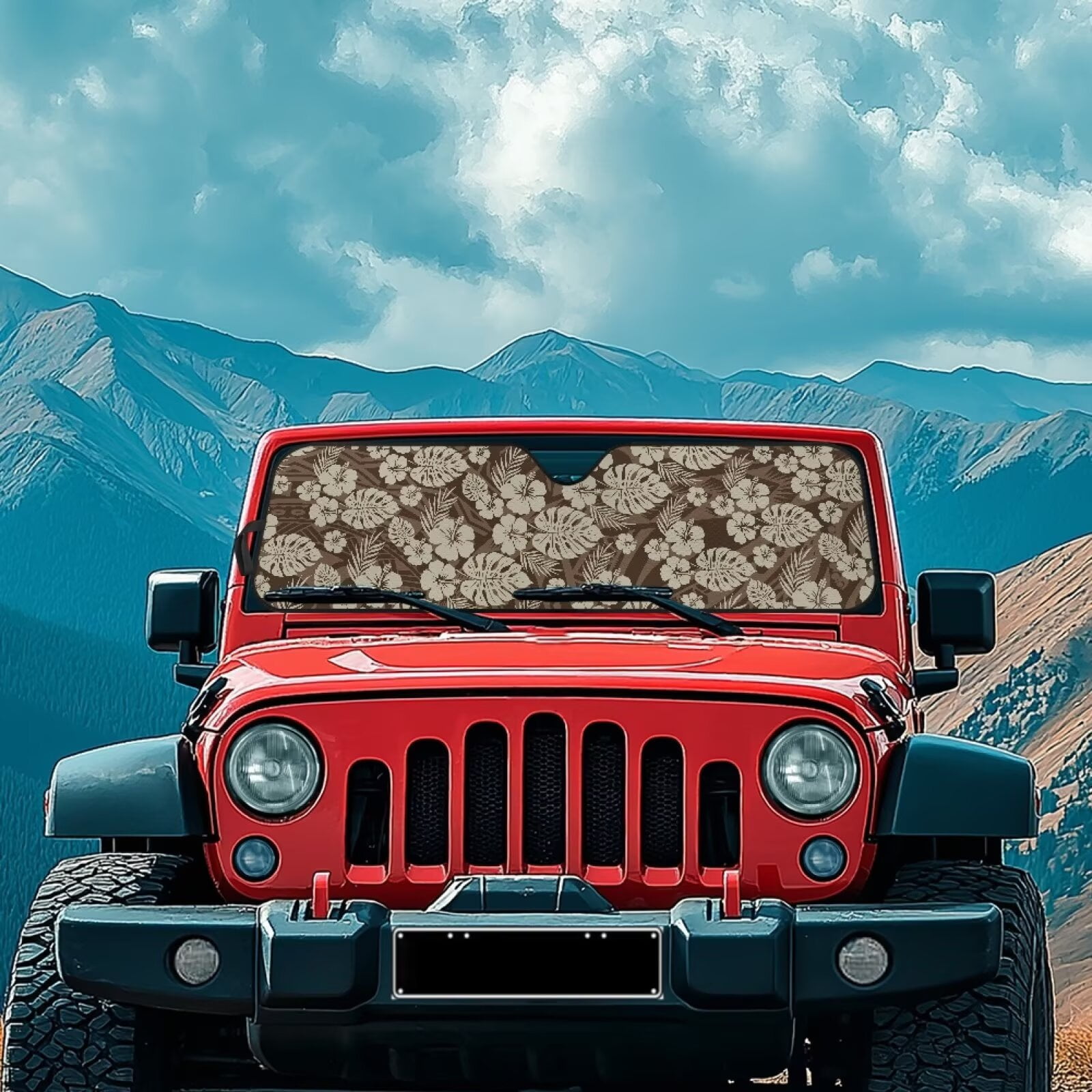 Uorisanigo Windshield Sun Shade Compatible with Jeep Wrangler TJ JK JL & Gladiator JT 2/4 Door Foldable Brown Hibiscus Leaf Sunshade, Blocks UV Rays and Heat, Keep Interior Cool, Outdoor Camping