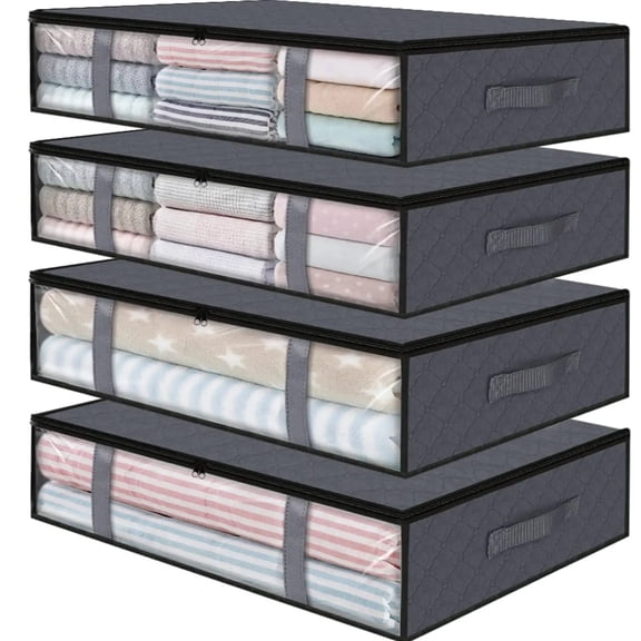 4 Pack Under Bed Storage Bags with Reinforced Handles,45L Visible Underbed Storage,Breathable Non-woven Closet Storage for Blanket, Pillows, Comforters and Quilts