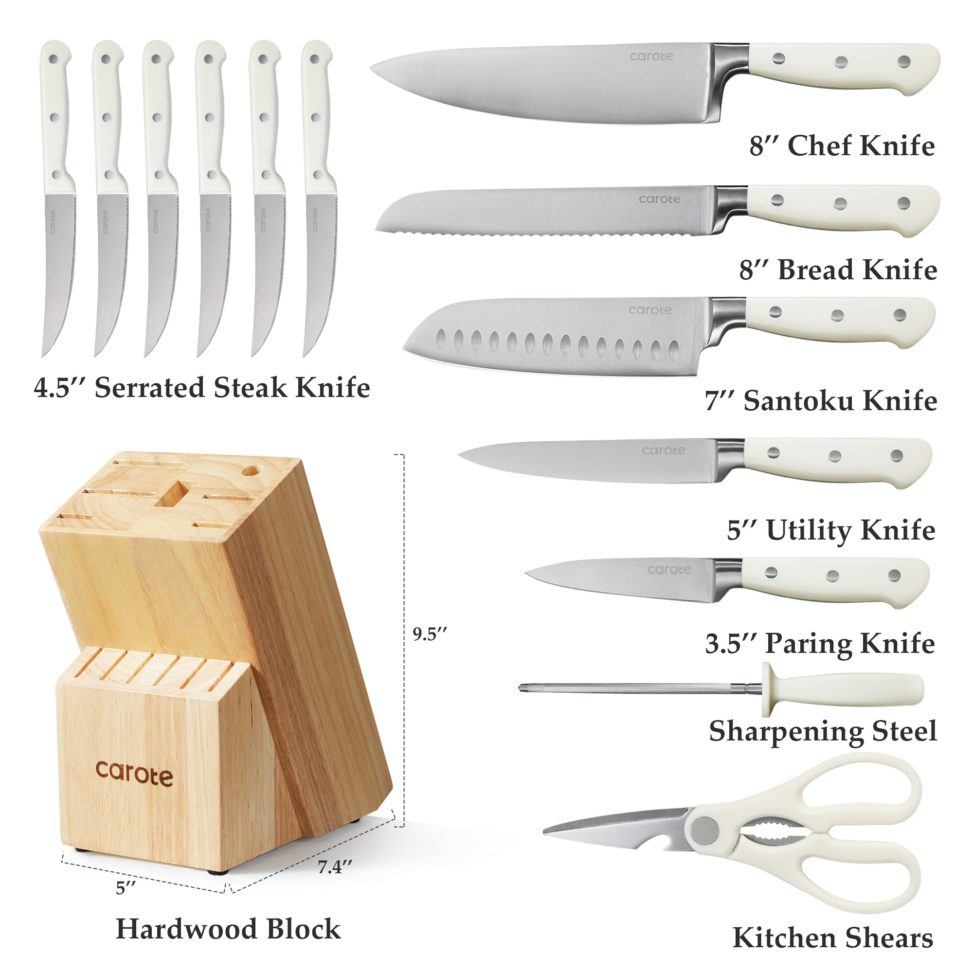 CAROTE 14 Pieces Knife Set with Wooden Block Stainless Steel Knives Dishwasher Safe with Sharp Blade Ergonomic Handle Forged Triple Rivet-Pearl White - image 2 of 6