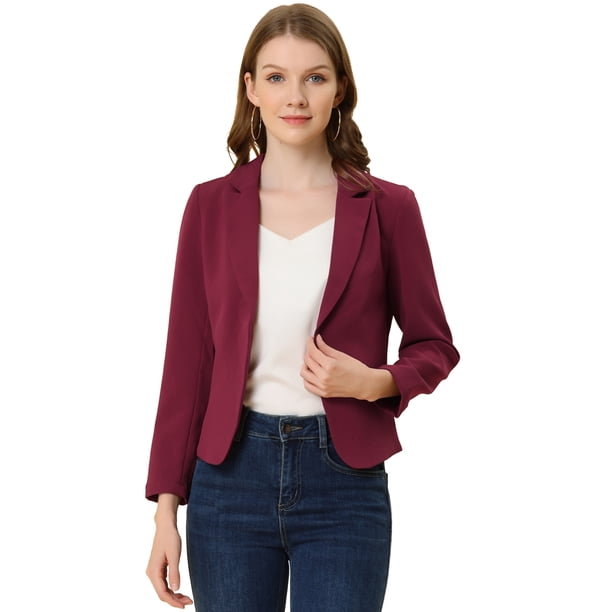 INSPIRE CHIC Chaqueta abierta de la chaqueta del traje de la cosecha del trabajo de la oficina del frente de las mujeres Borgo?a-Sólido XL