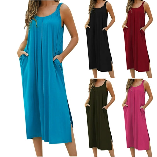 Yuyuzo Robe Sans Manches pour Femmes, Col Rond, Fendue, Ample, Robe Débardeur, Couverture de Plage, Robes Longues Maxi avec Poche