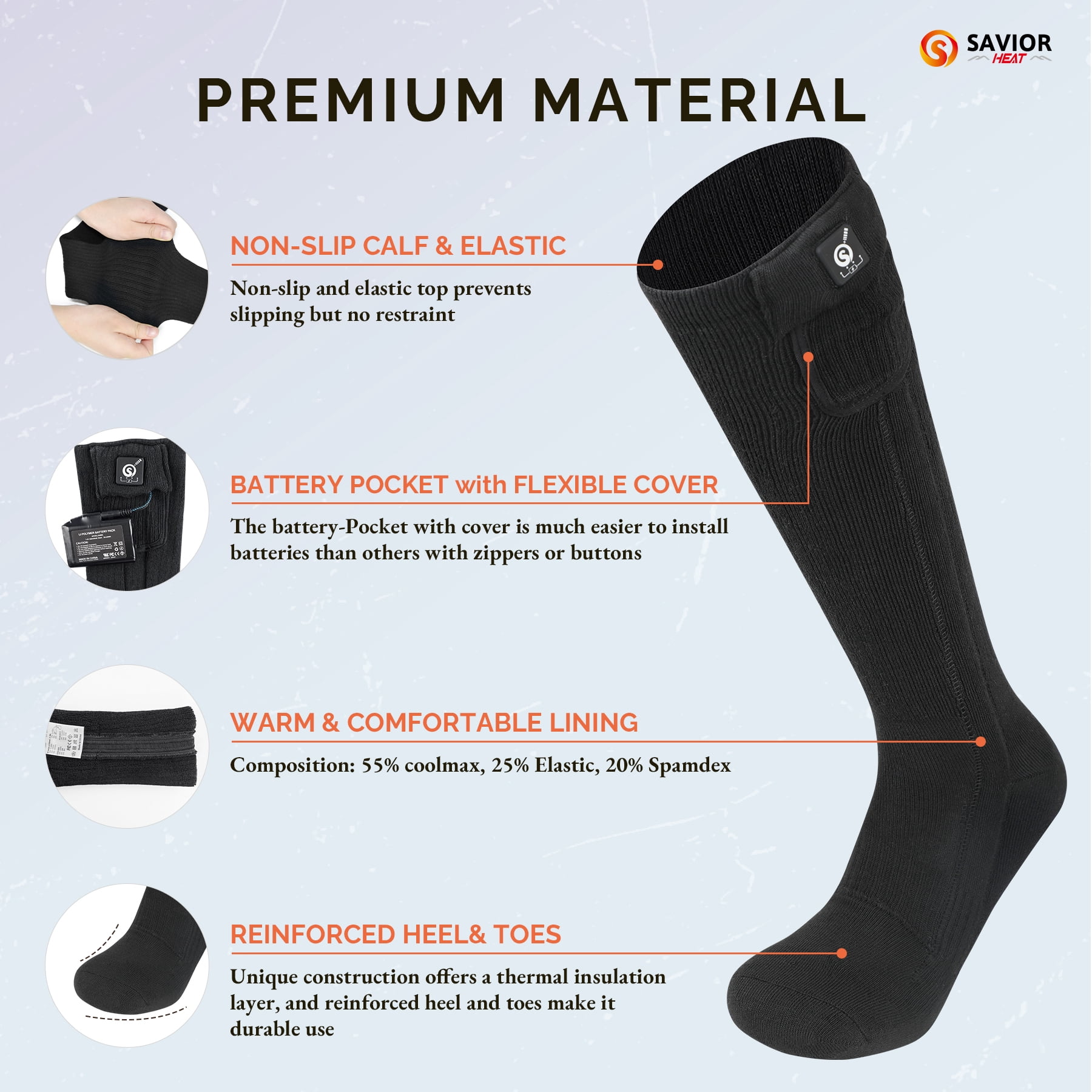 SAVIOR HEAT Heated Socks for Men Women, 150℉ Fast Heating Electric Ski Socks, 7.4V 2200mAh Rechargeable Battery Powered, Carbon Fiber Toe Warmers for Skiing Hunting Fishing Outdoor Work