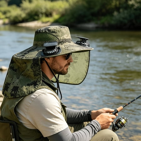Men Camo Wide Brim Fishing Hat with Detachable Neck Flap UPF 50+ Sun Protection for Outdoor Fishing Hiking Gardening