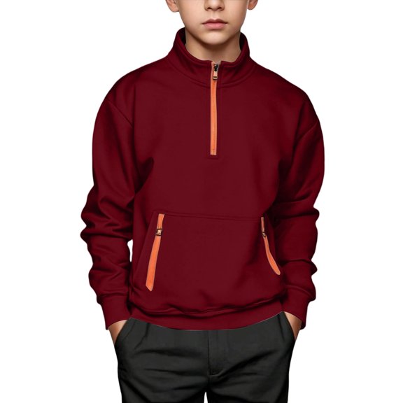 RUTAYY Boys Quarter Zip Sweatshirt Long Sleeve Stand Collar with Pockets Loose Fit Cute Casual Pullover Top, Red
