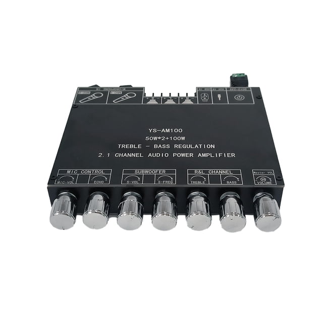 High-Power Bluetooth Amplifier Board YS-AM100 for KTV - 2.1 Channel Audio System with AUX, USB, and Microphone Inputs, TPA3116D2 Chip, HiFi Sound Quality, 15m Bluetooth Range, Knob Control, and APP