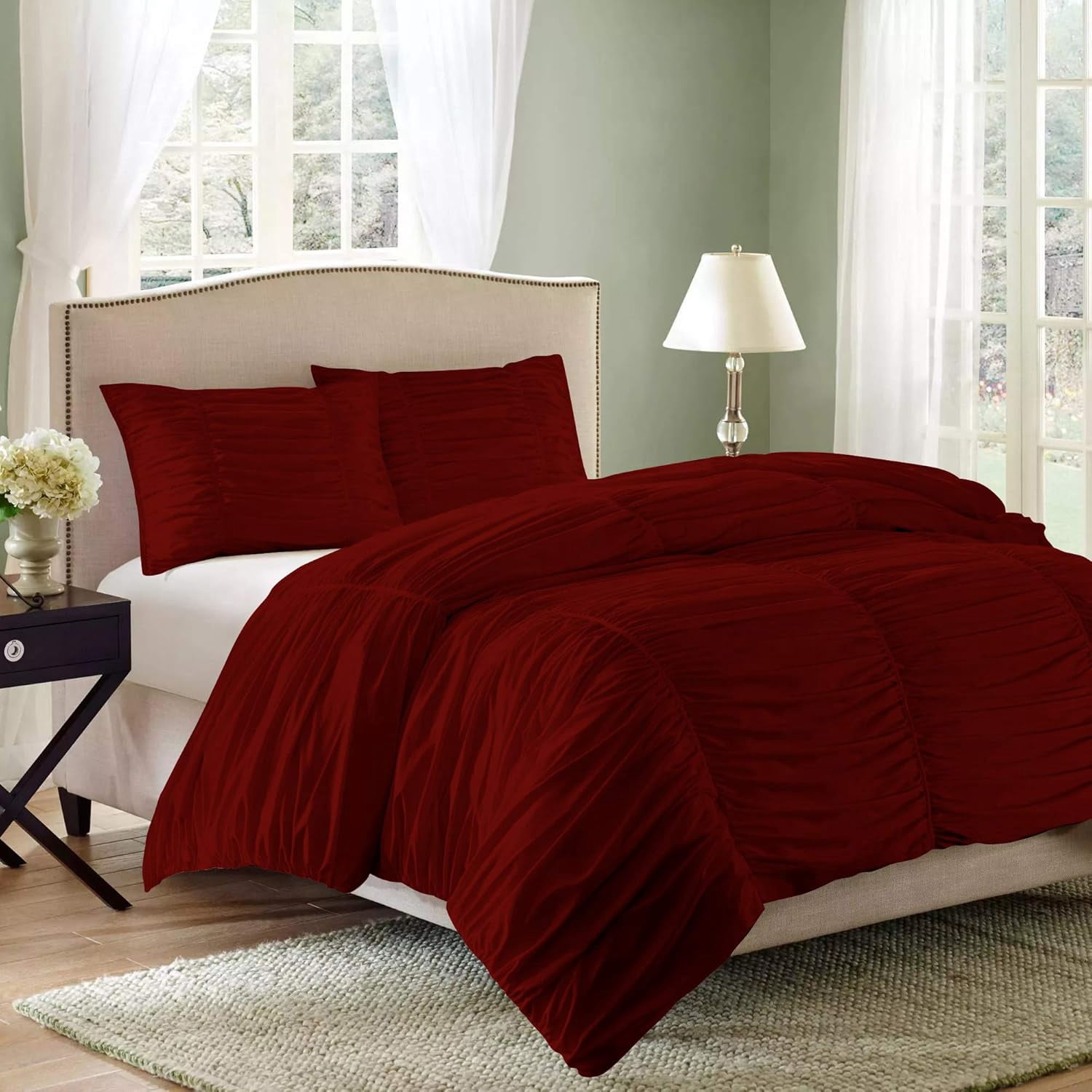 DNG Creations 1 Piece Ruched Pattern Duvet Cover 100% Egyptian Cotton, 800 TC- With Zipper Closure & Corner Ties ( Solid Burgundy - Oversized King )