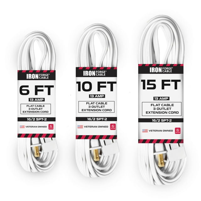 Iron Forge Cable Rallonge Blanche avec 3 Prises, Lot de 3 de 6 Pi, 10 Pi et 15 Pi - 16/2 SJTW Rallonge Intérieure à 2 Broches avec Multiples Prises