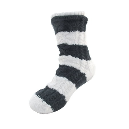 

Extra Thick Soft Warm Cozy Fuzzy Thermal Cabin Fleece-lined Knitted Non-skid Crew Socks Color 01 Black White Stripe