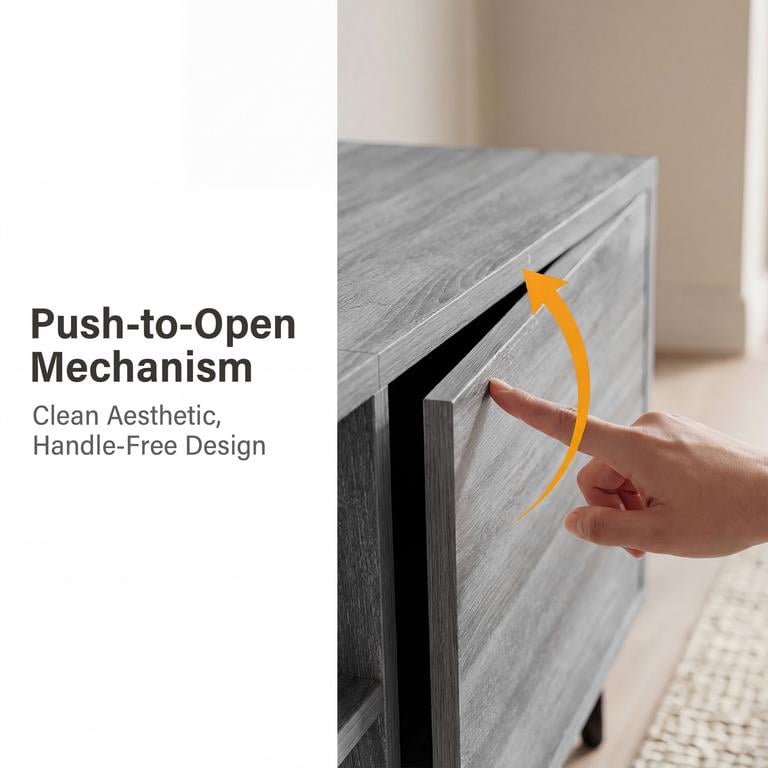 Vineego TV Stand for 70 Inch TV with 2 Push-to-Open Doors, Mid-Century Modern Media Console with Open Shelves, Entertainment Center for Living Room Bedroom, Gray