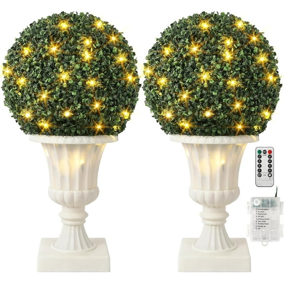 2 PCS 16 inch Artificial Plant Topiary Balls,Faux Boxwood Decorative Balls with Sturdy Pot Base,Pre-Lit Waterproof Fake Greenery Plants Ball for Backyard Garden Wedding Home Decor