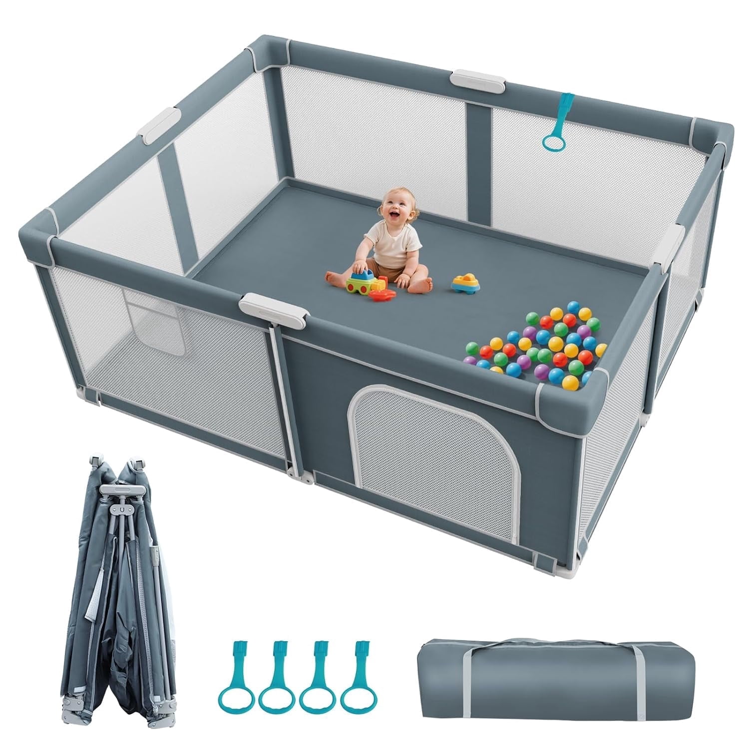 Foldable Baby Playpen, 71"X59"X27" Collapsible Play Yard for Babies and Toddlers, Indoor & Outdoor Quick Installation Portable Play Pen with 4 Handles