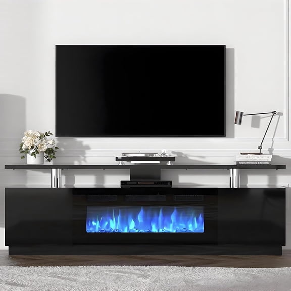 Fireplace TV Stand, with 36'' Firplace, 70'' Entertainment Center, 2 Tier TV Console Cabinet with Storage Cabinet, Electric Fireplace Heater with LED Light and 12 Flame Colors, Black