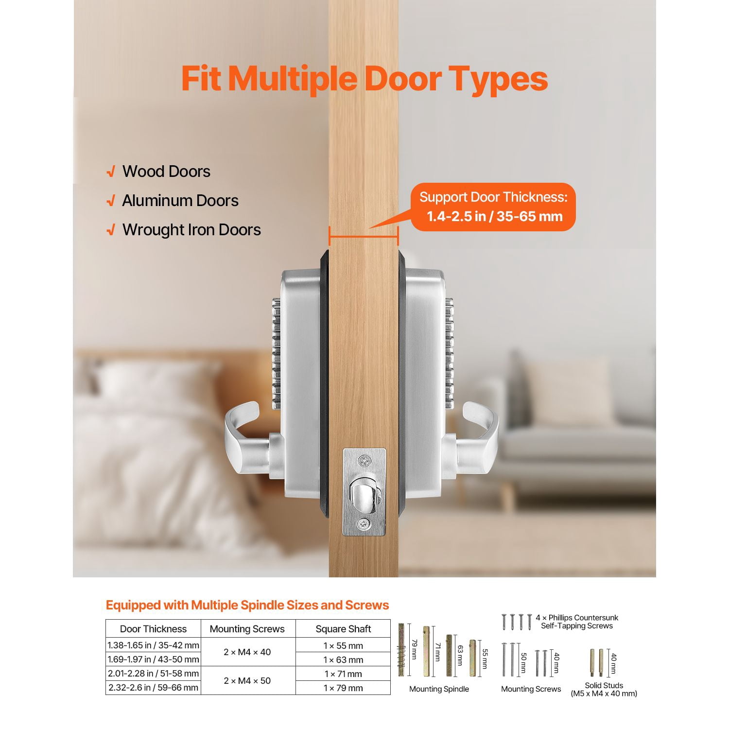 Mechanical Keyless Door Lock Gen2 Double-Sided 4-7 Digit Code No Batteries 1.4-2.5 Inch Door Thickness for Courtyard Gate