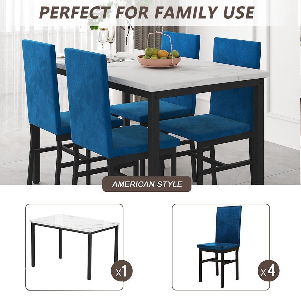 5 Piece Kitchen Dining Table and Chair Set, Dining Room Table Set with Faux Marble Table Velvet Padded Chairs, Rectangle Dining Table Set for 4, Dinette Set for Kitchen Dining Room Small Space