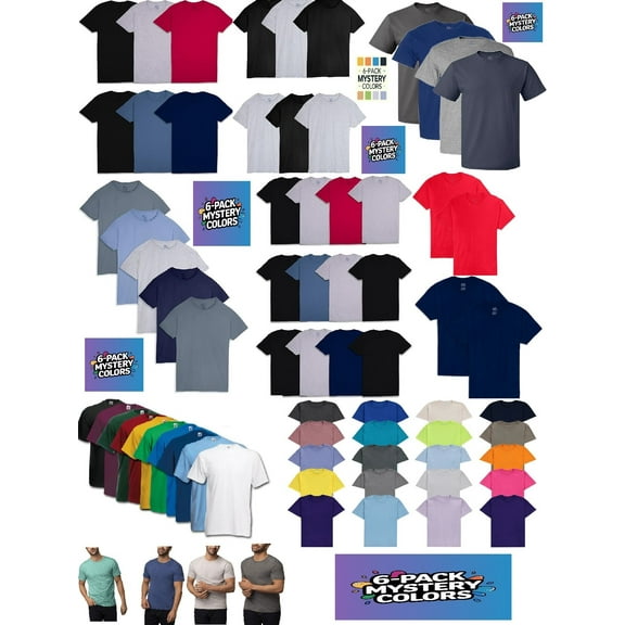Mens 6-Pack Assorted Crew T Shirts by Fruit of the Loom Comfortable Mystery Pack Colors Materials Vary