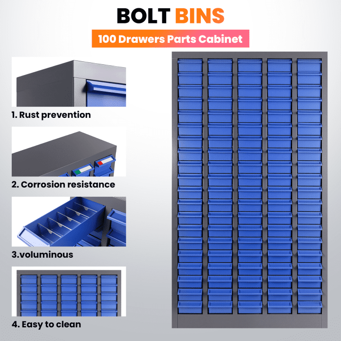 Parts Cabinet 100 Drawers with Labels, ABS Impact-Resistant Drawers, Finger-Grip Pulls for Convenient Access, Bolt and Nut Organizer for Garages, Garage, Workshop
