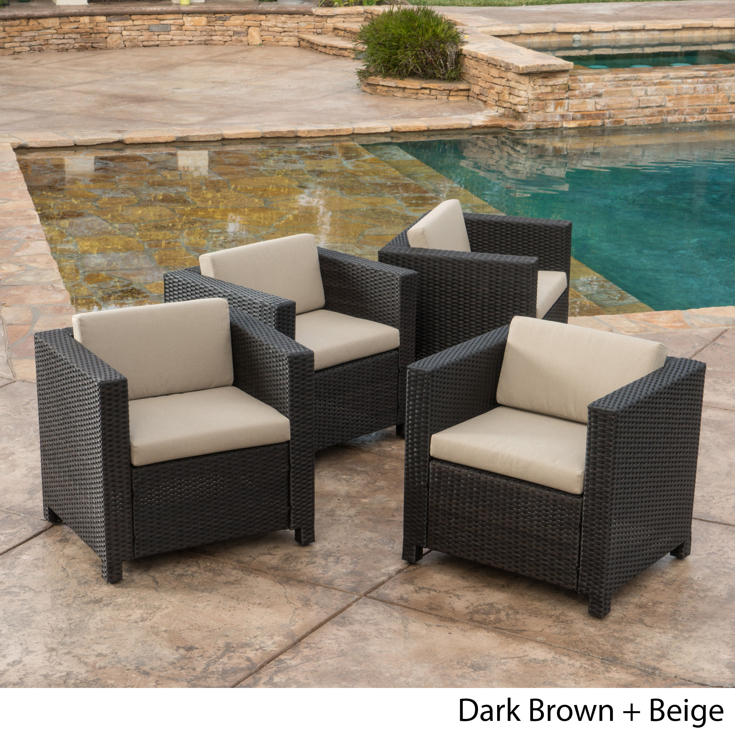 Raleigh Outdoor Wicker Club Chairs with Cushions, Set of 4, Multiple