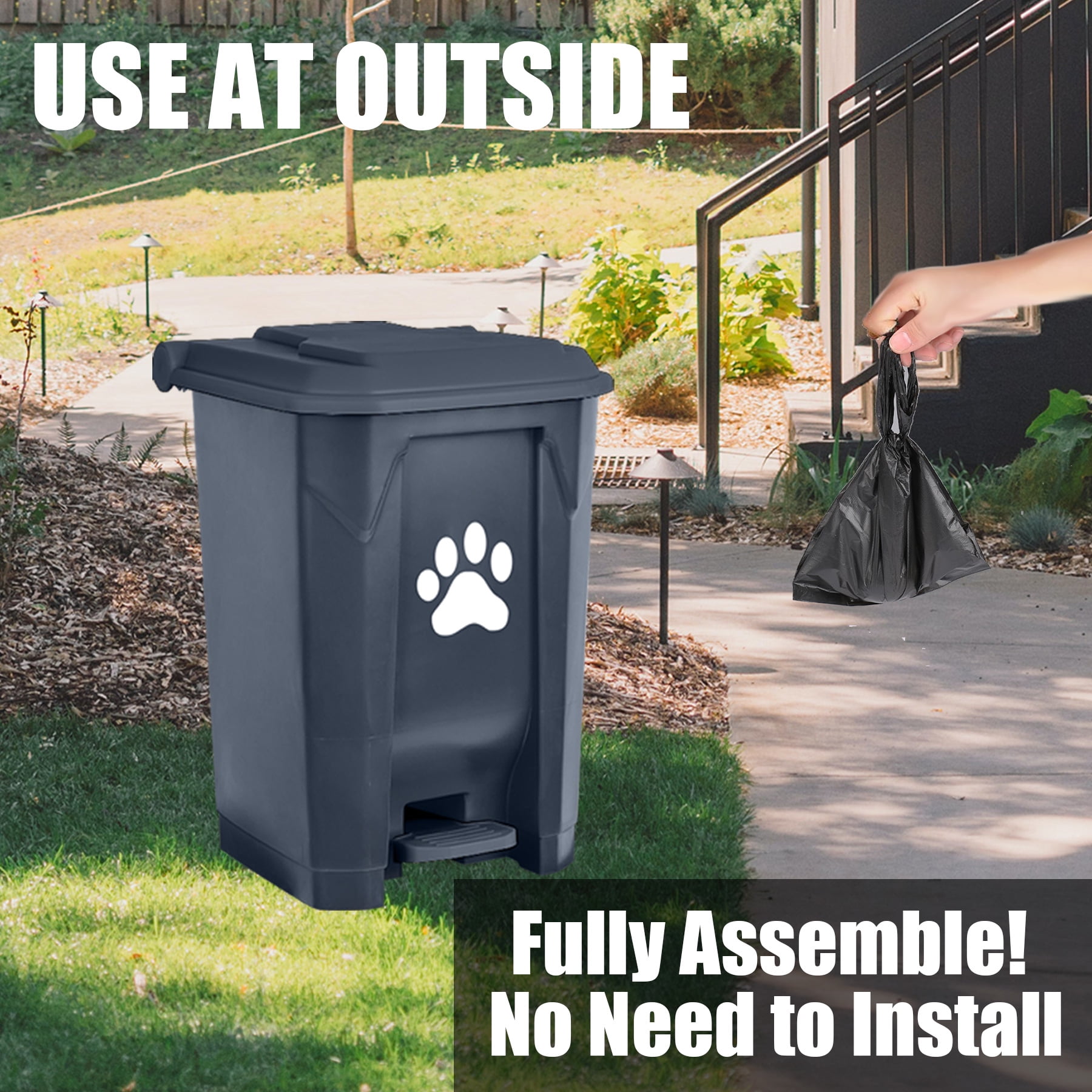 Dog Poop Trash Can Outdoors Pet Waste Station with Lid:15L Plastic Dog Poop Disposal Container with Removable Inner Bin Bucket Foot Pedal Type Garden Yard Home with 5Rolls Waste Bags, Grey