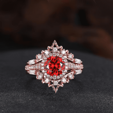 Round Cut Red Ruby & Diamond Ring Set in 14k Rose Gold Vermeil - July Birthstone - Anniversary Gift For Wife