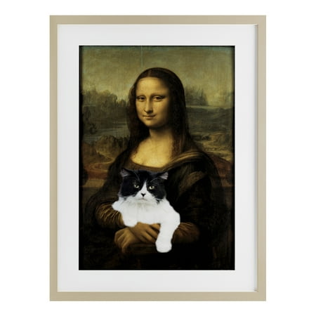 Mona Lisa Cat Lady Birch Framed Print Under Glass, design by Masters Redux