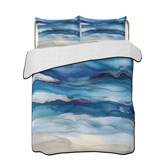 Quilts Twin-XL Size Bedding Set, Navy Blue Coastal Beach Lightweight Quilted Comforter, Summer Nautical Ocean Ombre Art Soft Reversible Bedspread Coverlet with Pillow Covers for All Season, 68" x 98"