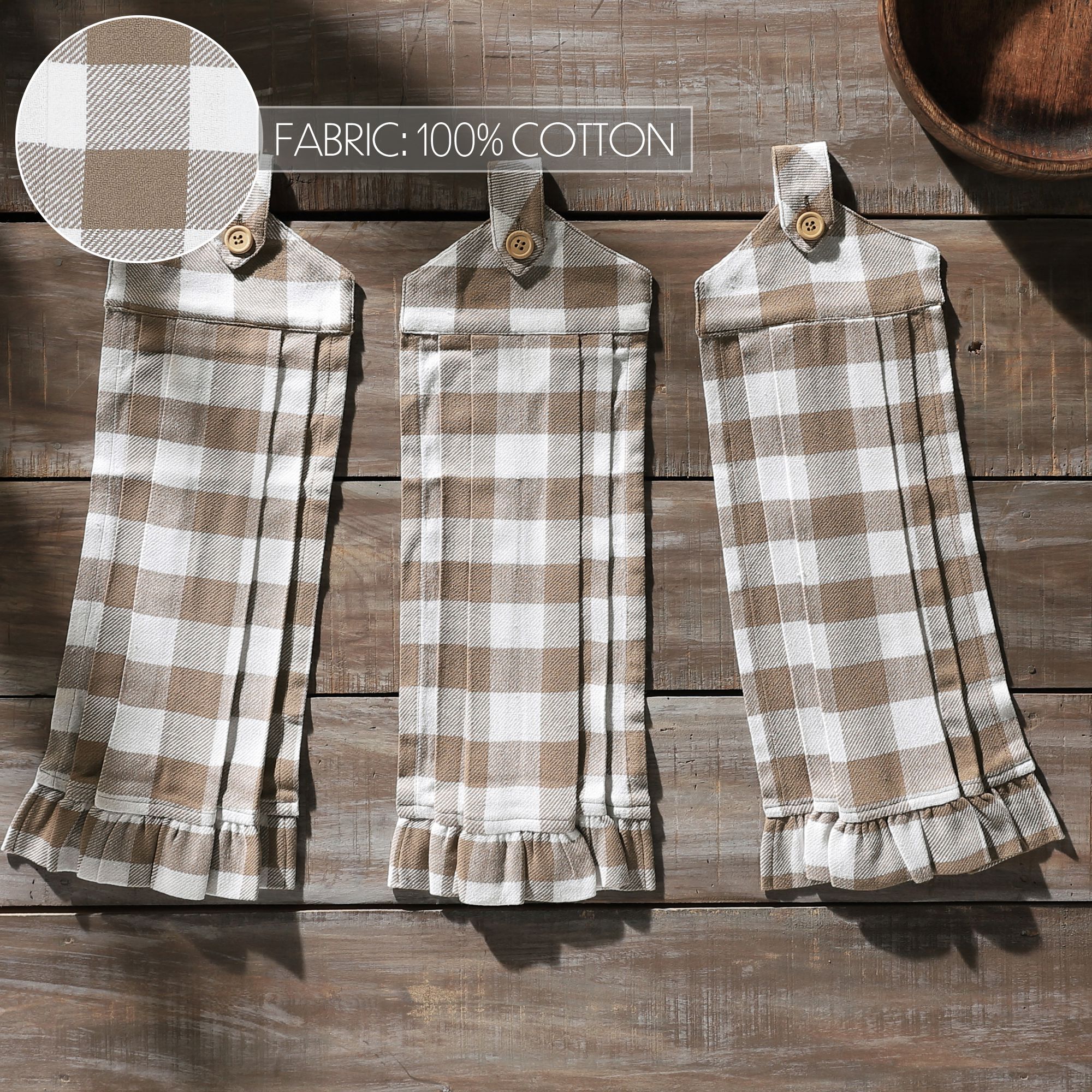 VHC Brands Cotton Annie Buffalo Check Portabella Button Loop Kitchen Towel Set of 3, Hanging Kitchen Towel, Pleated, Bath, Kitchen, Annie Buffalo Check Collection, Rectangle 21x7, Portabella