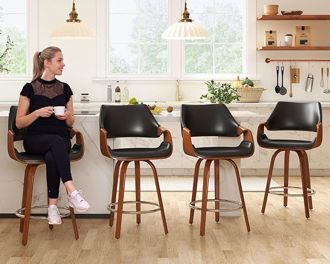 Guyou 26" Swivel Counter Stools Set of 2, Modern Barrel PU Kitchen Island Stools, Farmhouse Solid Wood Counter Height Barstools, Bar Height Island Chairs with Back and Wood Frame, Black