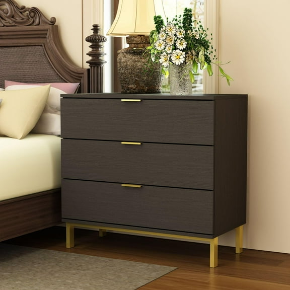 MOUMON Black and Gold Nightstand Side Table Bedside Table 3 Drawer Dresser, Large Nightstand with Gold Metal Legs, for Bedroom (31.5”w x 15.7”D x 29.7”H)