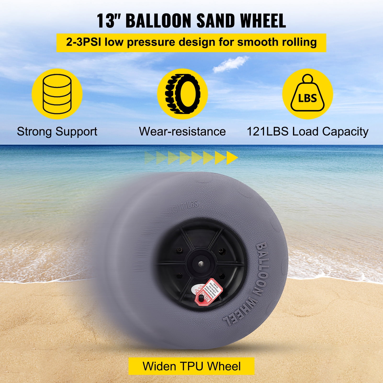 KFFKFF Sand Wheels, 13" Balloon Tires for Beach Carts, Includes 32" Stainless Axle, TPU Wheels Ideal for Kayak, Canoe Dollies, Buggy, Plus Complimentary Air Pump, Set of 2