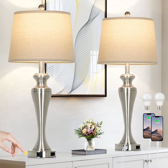 Cinkeda 29.5" silver Table Lamps Set of 2, Touch Control Tall Bedside Lamp with USB A C Ports & AC Outlet, 3-Way Dimmable Modern Metal Nightstand Lamp for Living Room Bedroom, 2 LED Bulbs Included