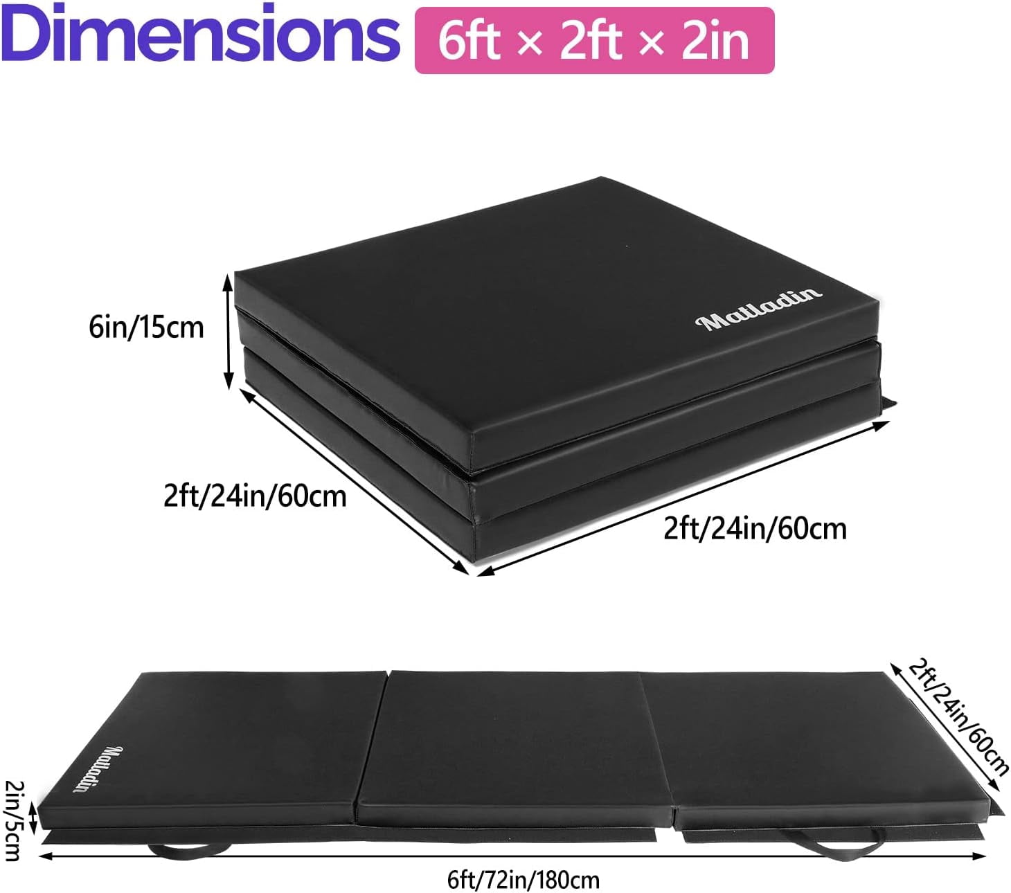 Matladin 6' Folding Tri-fold Gymnastics Gym Exercise Aerobics Mat, 6ft x 2ft x 2in PU Leather Tumbling Mats with Hook & Loop Fastener for Stretching Yoga Cheerleading Martial Arts