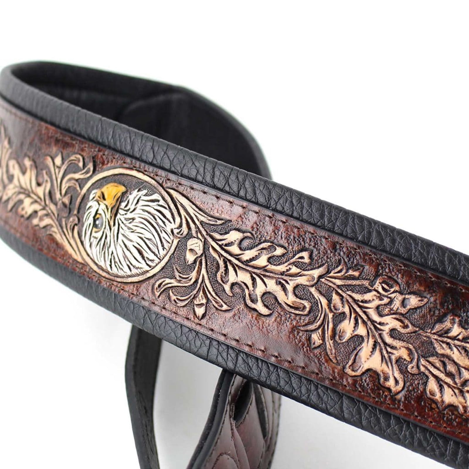 Walker & Williams KB-03-BRN Dark Walnut Brown Full Grain Center Block Carving Leather Padded Guitar Strap With American Eagle & Oak Leaves