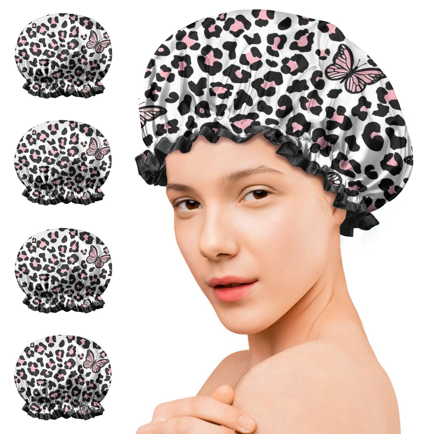 Shower Caps,Pink Leopard Butterfly Pattern Waterproof Shower Cap for Women 4 Pieces,Double Reusable Hair Cover for Shower PEVA Elastic Stretch Hem