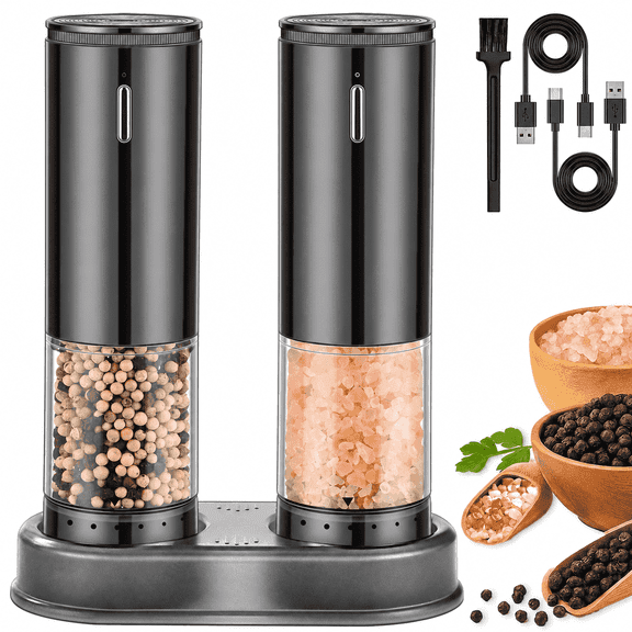 GOLDLEMON Electric Salt and Pepper Grinder Set, Rechargeable Automatic Pepper Mill with Base, LED Light, 2-Pack