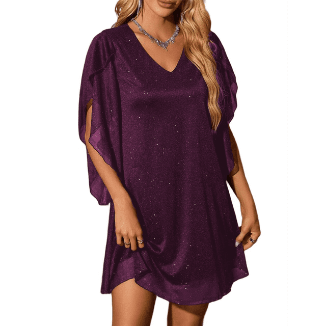 Vestido Brillante para Mujer, con Mangas Murciélago, para Cóctel y Club. Púrpura L